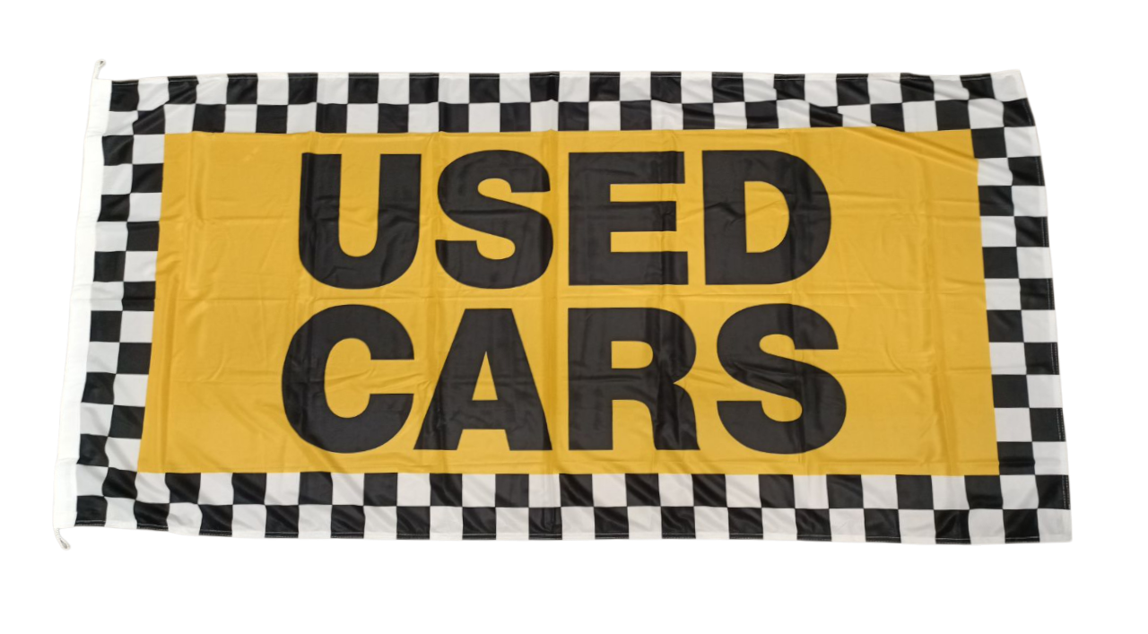Used Cars Flag, Yellow with Checkered Border, 180x90 cm